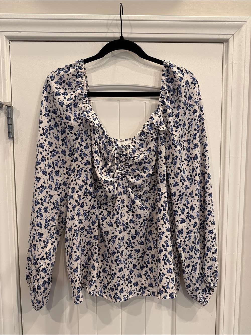 Lush White Blouse with Blue Floral Print and Ruched Scoop Neck